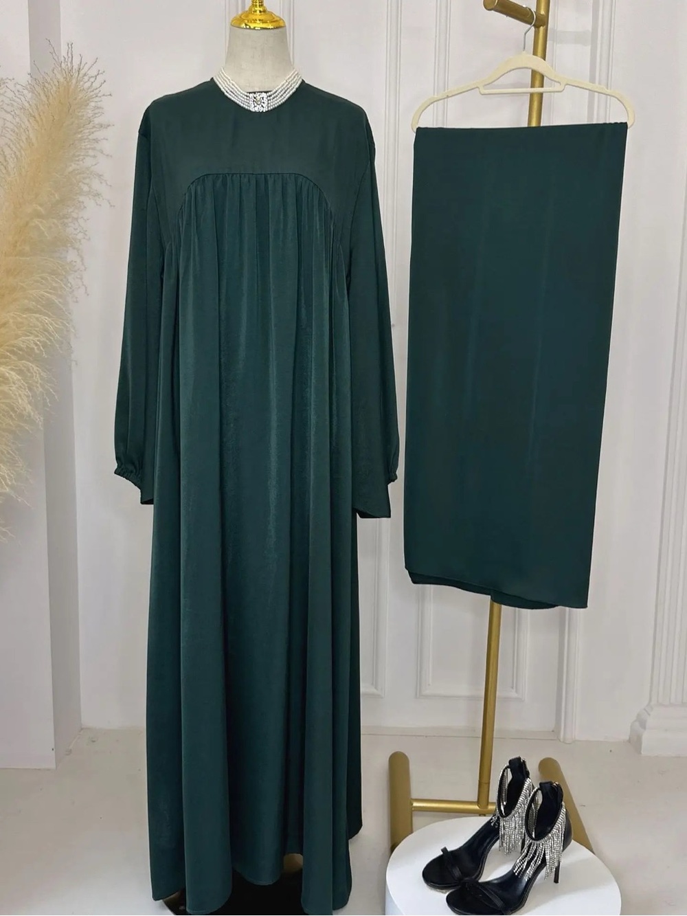 Emerald Green Modest Maxi Abaya Dress with Matching Scarf
